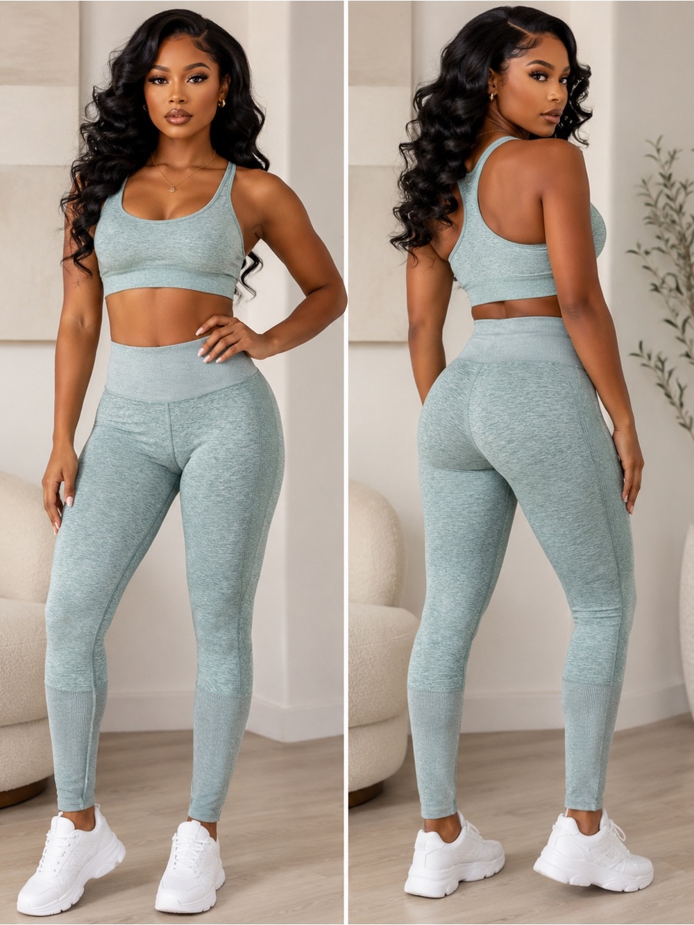 ALO Yoga Sage Green High-Waist Stirrup Leggings and Racerback Sports Bra Set XS